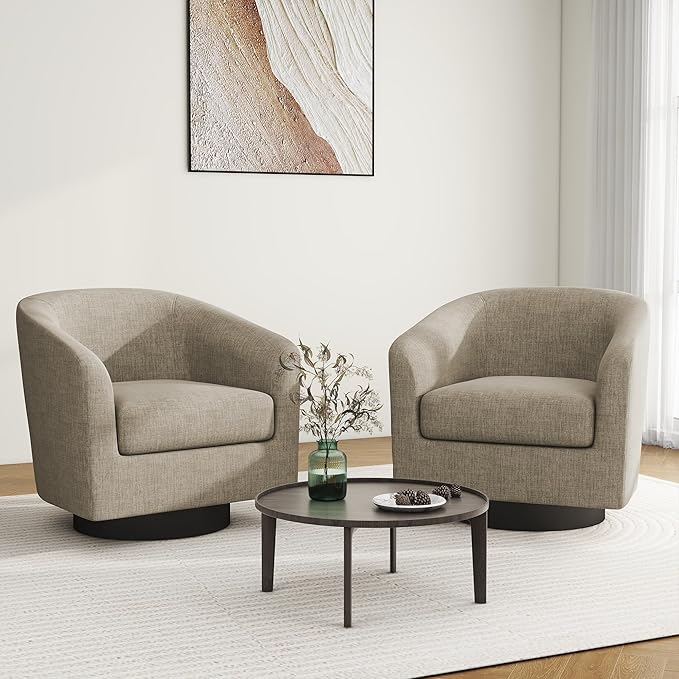 Swivel Barrel Accent Chair, Modern Round Linen Arm Chair for Living Room, Bedroom, Comfy Club Reading Chairs for Adults（Linen Fabric, Light Brown, Set of 1