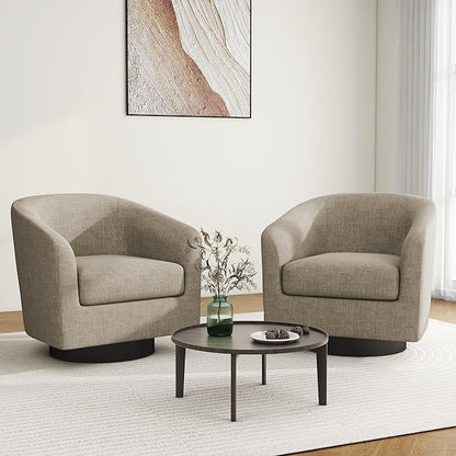 Swivel Barrel Accent Chair, Modern Round Linen Arm Chair for Living Room, Bedroom, Comfy Club Reading Chairs for Adults（Linen Fabric, Light Brown, Set of 1