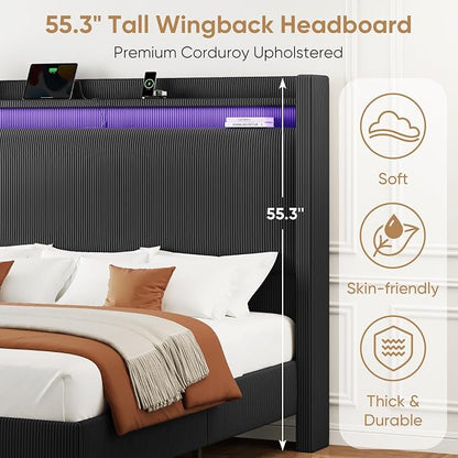 King Size Bed Frame with Tall Headboard, 55.3" Corduroy Upholstered Platform Bedframe with LED Lights & Charging Station, King Beds Wingback Storage Headboard, No Box Spring Needed, Wood Slats, Black