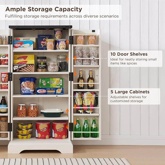 ACCOHOHO 47" Kitchen Pantry, Farmhouse Storage Cabinet with Barn Doors, Organizer and Adjustable Shelves, Rustic Wood Cupboard for Kitchen, Dining Room, Bathroom and Hallway, Off White