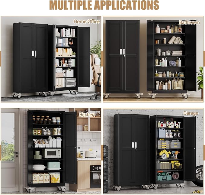 75" H Metal Pantry Storage Cabinet with Wheels,Rolling Kitchen Pantry Cabinet with 2 Doors and 5 Adjustable Shelves, Locker Steel Cabinet,Organization Cabinet for Garage,Home,Gym,School,Black