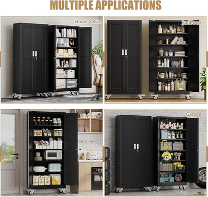 75" H Metal Pantry Storage Cabinet with Wheels,Rolling Kitchen Pantry Cabinet with 2 Doors and 5 Adjustable Shelves, Locker Steel Cabinet,Organization Cabinet for Garage,Home,Gym,School,Black