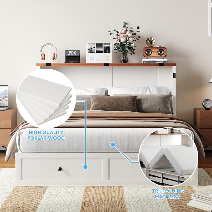 Mjkone Full Size Murphy Bed with Tri-Fold Mattress, Storage Drawers, Hidden Folding Cabinet Bed with USB Charging Station, Space Saving Wall Chest Beds for Bedroom Living Room, White