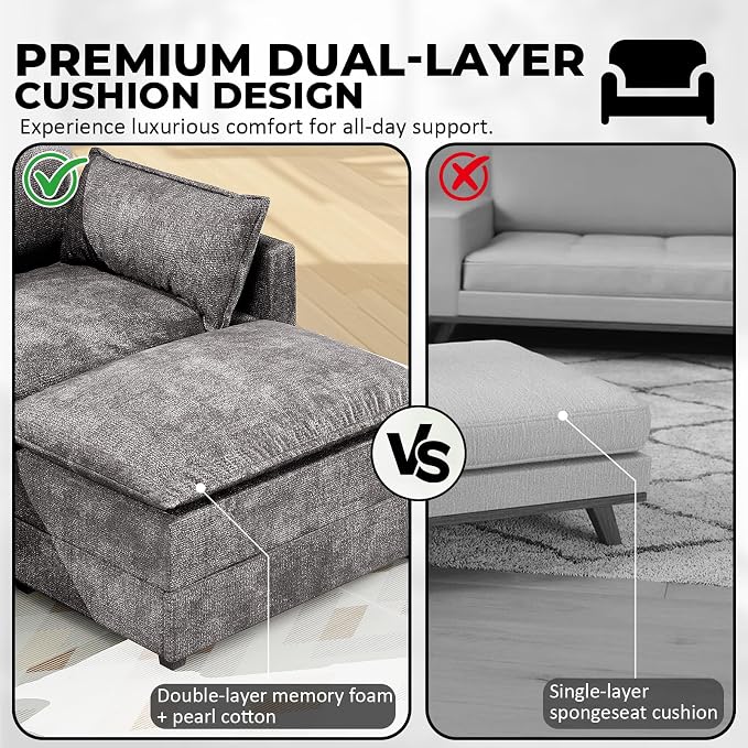 LEVELEVE 112.5" U-Shape Modular Sofa with 2 Ottomans, Deep Seat Cloud Convertible Sleeper, 2 Arm Pillows, Cozy Upholstered Furniture for Living Room Apartment, Dark Grey