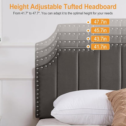 VECELO Queen Bed Frame with 4 Storage Drawers & Upholstered Platform &Tufted Adjustable Headboard/Mattress Foundation/Wood Slat Support,Easy Assembly,Dark Grey