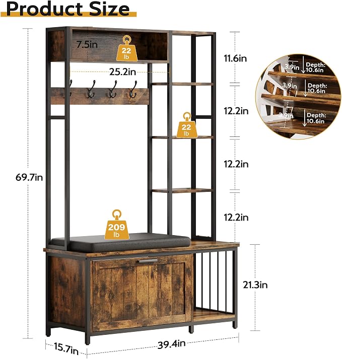 Hall Tree Coat Rack, Hall Tree With Bench and Shoe Storage Shoe With, Mud Room Storage Furniture，39.37 X 15.74 X 69.69 Inches, Brown
