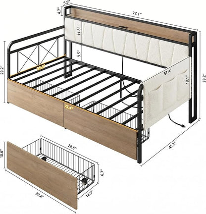 LIKIMIO Daybed with Storage Drawers, Twin Day Bed Frame with Boucle Upholstered Headboard and Charging Station, Sofa Day Bed with Strong Supports for Living Room, Bedroom and Guest Room, Cream