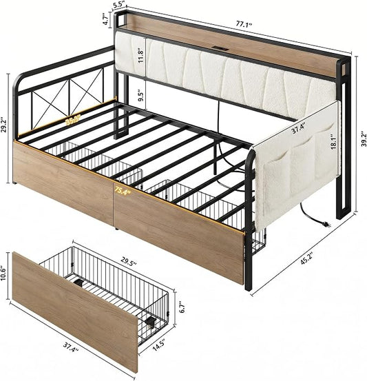 LIKIMIO Daybed with Storage Drawers, Twin Day Bed Frame with Boucle Upholstered Headboard and Charging Station, Sofa Day Bed with Strong Supports for Living Room, Bedroom and Guest Room, Cream