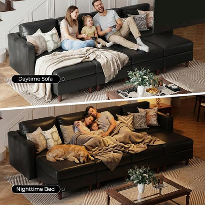 ABCASA 118.5" Faux Leather Luxury Modular Sleeper Sofa Bed with Storage Seat, 8 Seat Sectional Couch Deep Seat with Reversible Chaises & Removable Cover - Black