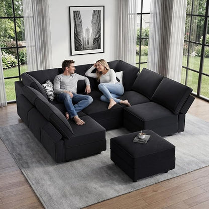 Vesgantti Modular Sectional Sofa Bed with Storage, 92" Sleeper Sofas with 9 Seats Storage Chaises Removable Cover, Luxury Large Velvet Sectional Couch for Living Room, Apartment, Home Theater, Black