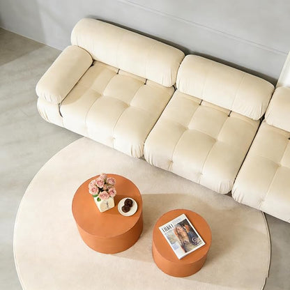 Round Coffee Table Set of 2, Modern Leather Circle Accent Tables, Minimalist Wooden Drum Side Table for Small Spaces Living Room Bedroom Balcony Office, Orange