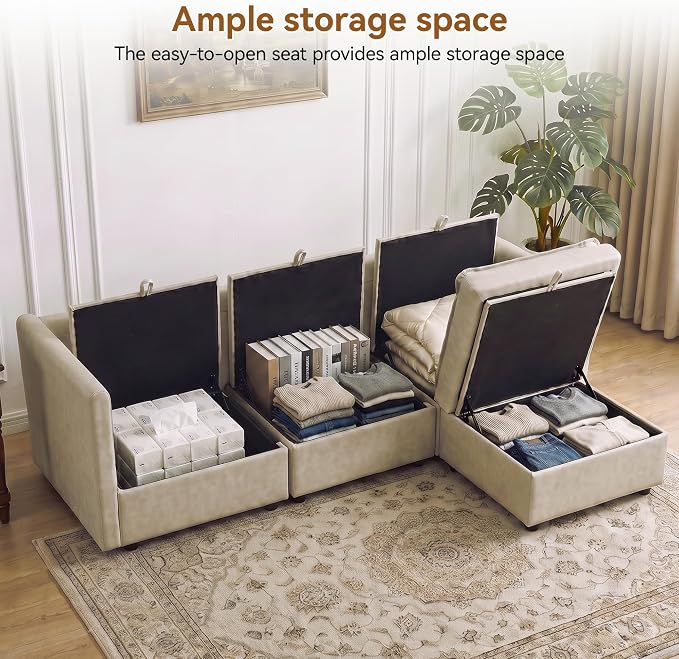 80" Beige Faux Leather Storage 3 Seater Sofa with Ottoman, Comfy Couch | Convertible Modular Sectional Sofa, L Shaped Oversized Couch, Upholstered Large Cloud Couch For Living Room, Apartment.