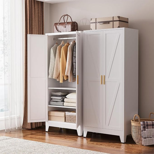 COFaR 71" Metal Wardrobe Closet with Adjustable Hanging Rod & 2 Shelves, Freestanding 2-in-1 Armoire Cabinet with Large Top/Bottom Storage, White Steel Closet Organizer