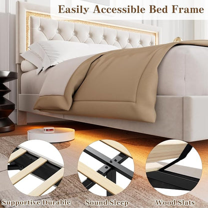 Garvee Floating Bed Frame King Size with Smart Led Lights, Upholstered Platform Bed with Diamond Headboard, Solid Wood Slats Support, No Box Spring Needed, Noise-Free, Easy Assembly, White