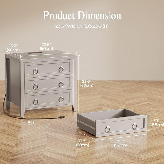 Huuger Paint Night Stand with Charger Station and USB-C Port, 3 Drawer Nightstands Set of 2, Larger Wider Bedside Table, Modern End Table, for Bedroom, Grey Nightstand