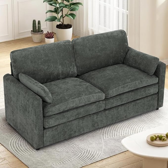 69” Chenille Love seat Sofa w/Arm Pillows, Upholstered 2 Seater Sofa w/Comfortable Back Cushions, Modern 2 Seats Couch w/High-Density Foam for Living Room, Apartment, Office, Grey