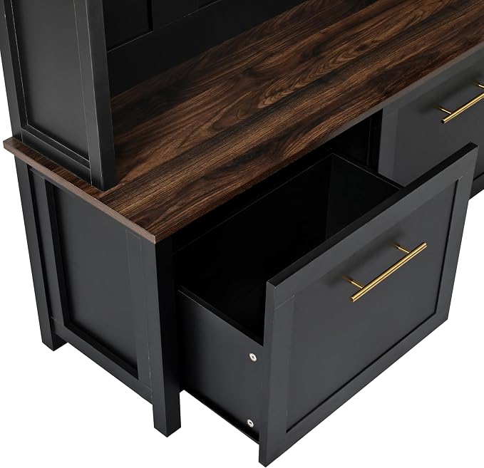 Merax 4-in-1 Hall Tree with Bench, Modern Versatile Multiple Storage Space with 6 Golden Hooks, 2 Drawers, Entryway Coat Rack for Living Room, Hallway, Black