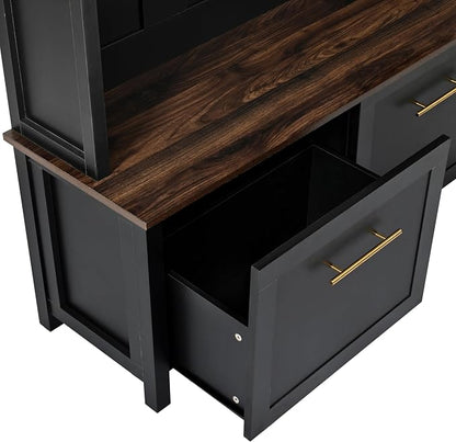Merax 4-in-1 Hall Tree with Bench, Modern Versatile Multiple Storage Space with 6 Golden Hooks, 2 Drawers, Entryway Coat Rack for Living Room, Hallway, Black