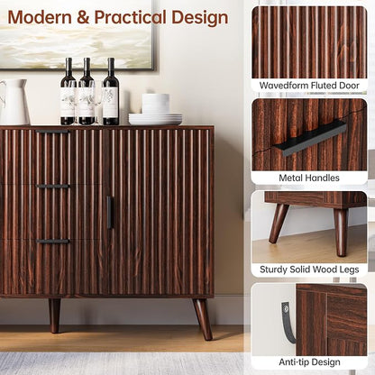 47.2" Fluted Sideboard Buffet Cabinet with 3 Drawers, Walnut Modern Buffet Cabinet with Storage, Large Storage Cabinets with 2 Doors Accent Credenza for Living Room|Kitchen|Entryway