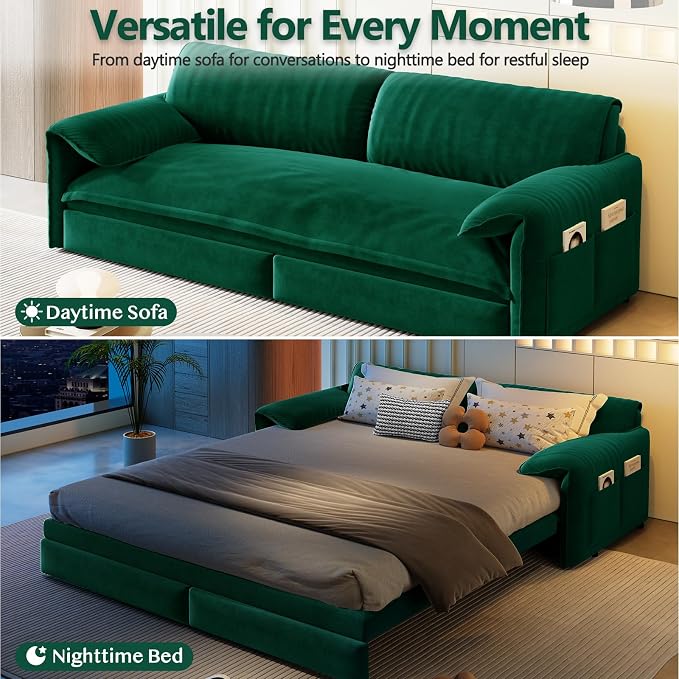 63.8" Sofa Bed Queen Size, Pull Out Couch Bed, 3-in-1 Convertible Sleeper Sofa with Side Pocket, Modern Velvet Futon Couch for Living Room, Small Space, Apartment, Bedroom, Green