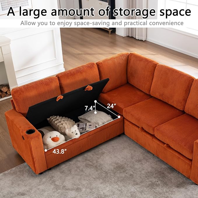 Sectional Sleeper Sofa with Pull Out Bed, Plush Corduroy L Shaped Corner Couch with Storage, USB Ports, Cup Holders, Comfy Sectional Couches for Living Room, Orange