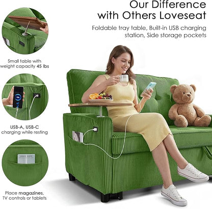 Sleeper Sofa Bed, 54'' Convertible Pull Out Couch with Small Table| USB Port | Stand Table| Corduroy Fabric | Adjustable Backrest for Apartment, Office, Bedroom, Guest Room(Green)