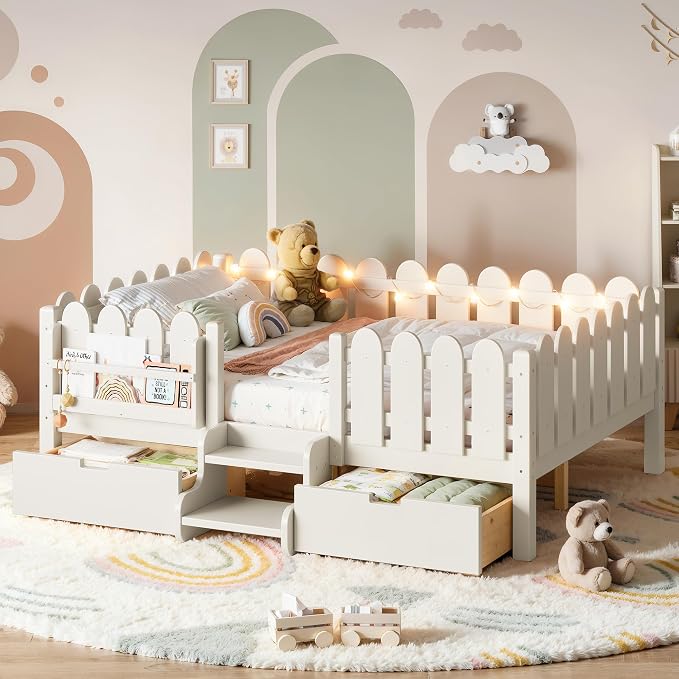 Bellemave Full Kids Montessori Bed with Stairs, Bookshelf and LED Lights, Solid Wood Kids Bed Frame with Storage Drawers for Boys Girls, Low Profile,Beige