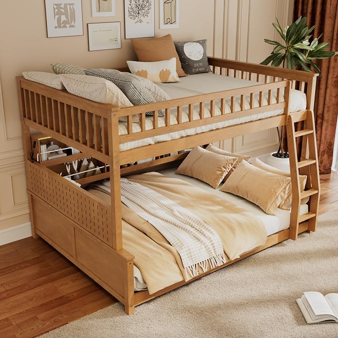 Full XL Over Queen Bunk Bed, Wood Bunk Bed with Integrated Shelving, Color-Changing Lights and Pegboard for Kids Teens Adults, Brown