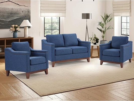 HAOMARKETS Modern 3 Piece Sofa Set with Rivets, Included Fabric Accent Chair Set of 2, and Upholstered Loveseat 2-Seater Couches with Solid Wood Legs, Living Room Furniture Set,Blue