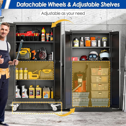 GAIOUS Metal Garage Storage Cabinet with Lock, 61” Tall Lockable File Cabinet with Wheels, Steel Tool Cabinet with 2 Door and 3 Adjustable Shelves, Rolling Cabinet for Home Office Garage Gym - Black