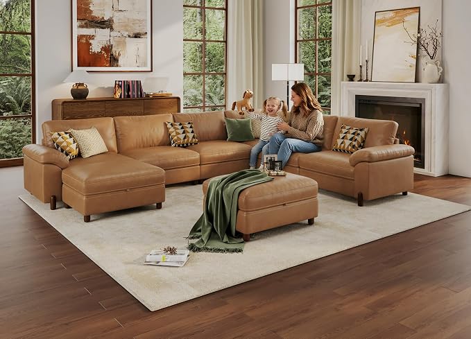 SITJOY Large Cloud Couch, 138" Wide 6 Seater V Shape, Faux Leather in Brown | Pet-Friendly Scratch-Resistant Leather Sectional Sofas for Living Room, Deep Seat Wide Couch with Chaise, Storage Ottoman