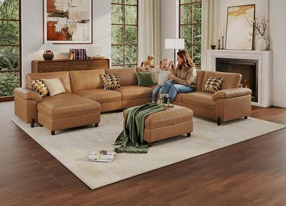 SITJOY Large Cloud Couch, 138" Wide 6 Seater V Shape, Faux Leather in Brown | Pet-Friendly Scratch-Resistant Leather Sectional Sofas for Living Room, Deep Seat Wide Couch with Chaise, Storage Ottoman