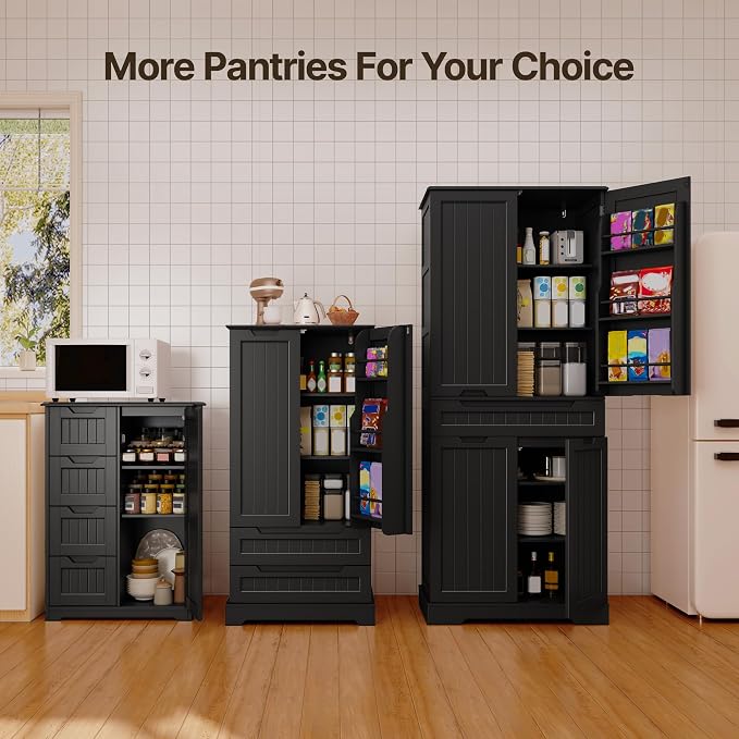 Gizoon Small Pantry Cabinet with Door and Shelves, 33'' Kitchen Pantry Cabinet Freestanding Wooden Bathroom Storage Cabinet with 4 Drawers for Kitchen and Dining Room, Black, Painted