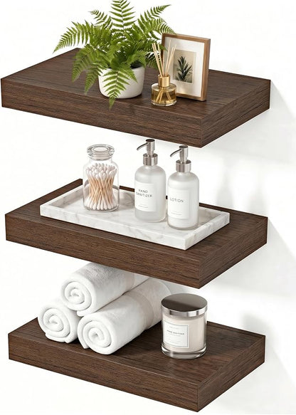 Floating Shelves, Walnut-Like Wooden Set of 3 Wall Mounted Bathroom Shelves Over Toilet, Modern Small Hanging Shelves for Bedroom Living Room Kitchen Rustic Home Decor, 12" x 7" x 1.5"