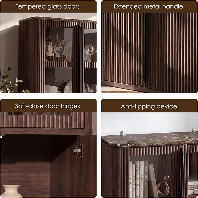 77" Tall Storage Cabinet - Fluted Pantry Cabinets with Glass Doors, Wooden Kitchen Food Cupboard, Adjustable Shelves, Modern Display Storage Closet for Living Room, Dining Room, Office, Brown 1pc