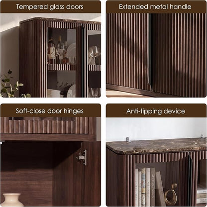 77" Tall Storage Cabinet - Fluted Pantry Cabinets with Glass Doors, Wooden Kitchen Food Cupboard, Adjustable Shelves, Modern Display Storage Closet for Living Room, Dining Room, Office, Brown 1pc