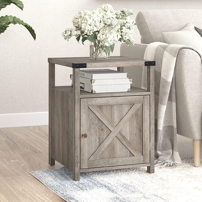 Farmhouse Nightstand Rustic End Table Side Table with Cabinet and Shelf, Wood Night Stand for Bedroom, Gray, 17.7 in