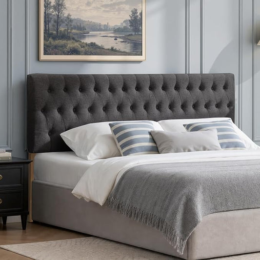 Tufted Upholstered King Size Bed Headboard in Modern Button Design, Adjustable Solid Wood Head Board, Premium Linen Fabric Padded Headboards in Bedroom (Dark Grey)