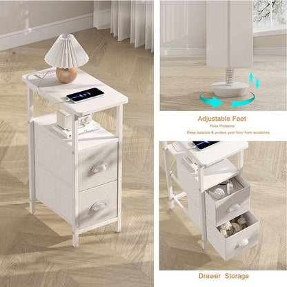 sthmec Narrow End Table with Charging Station, Narrow Side Table with 2 Fabric Drawers, LED End Table, Slim Nightstand with LED Light, Small Side Table for Small Spaces, Living Room, Bedroom, White