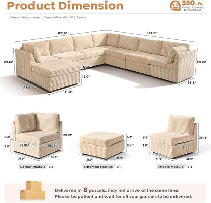 ovios Modular Sectional Sofa Couch with V-Shape Chaise Ottoman, Comfy Plush Corduroy Cloud Couches, Modern Luxury Deep Seat Sofas Set for Living Room, 8-Seater, Beige