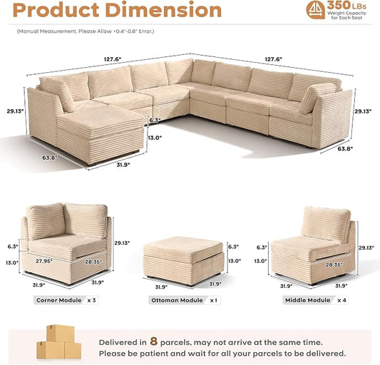 ovios Modular Sectional Sofa Couch with V-Shape Chaise Ottoman, Comfy Plush Corduroy Cloud Couches, Modern Luxury Deep Seat Sofas Set for Living Room, 8-Seater, Beige