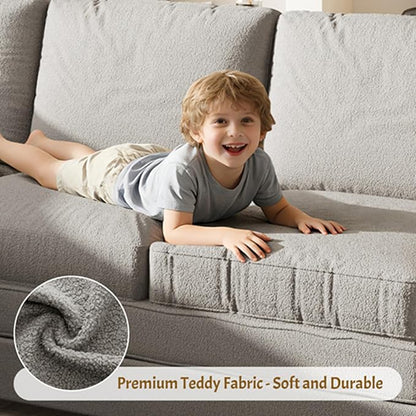 85.1" L-Shaped Pull Out Sofa Bed – Oversize Convertible Sleeper Couch with USB Ports & Side Storage, Teddy Upholstered Sectional for Living Room & Bedroom, Light Grey