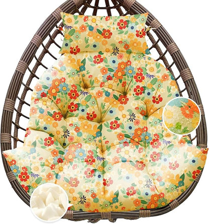 Outdoor Hanging Egg Chair Cushion Replacement, Thicken Egg Chair Cushion Waterproof Basket Eggs Chairs Cushion with Headrest Pillow, U-Shaped Cushions for Hanging Eggs Chairs Swing (Daisy)