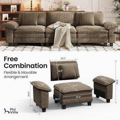 PHI VILLA Modern Modular Couches Sets, 123.6" Cloud Sectional Sofa with Upholstered Deep Seat, 3-Seater Couch for Living Room Small Spaces, Chenille Grayish Brown