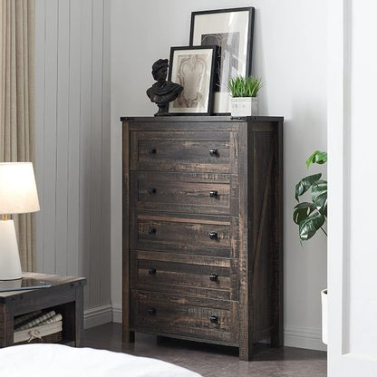 T4TREAM 48" Tall Farmhouse 5-Drawer Dresser for Bedroom, Dark Rustic Oak | Rustic chests of drawers, Wood Storage Cabinet, Metal Handle, Unique Corner Accent, Bedroom, Living Room, Hallway