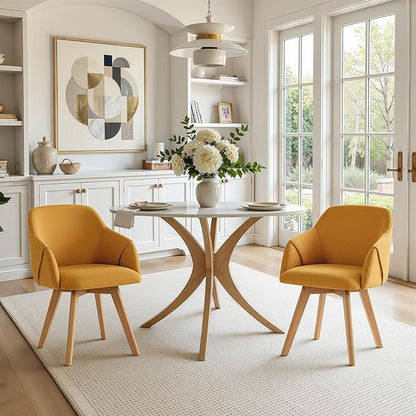 Swivel Dining Chairs Set of 2, Mid Century Modern Dining Chairs with Arms and Wood Legs, Linen Fabric Upholstered Kitchen Chairs for Dining Room Living Room, Comfortable Widen Seat, Yellow