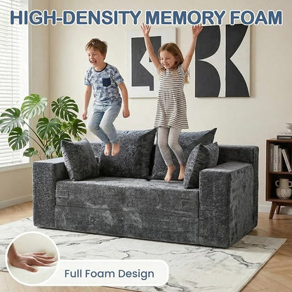 Boneless Loveseat Sleeper Sofa Bed, 3-in-1 Convertible Sofa Bed and Floor Futon Couch (Velvet-Grey, Loveseat (55"))