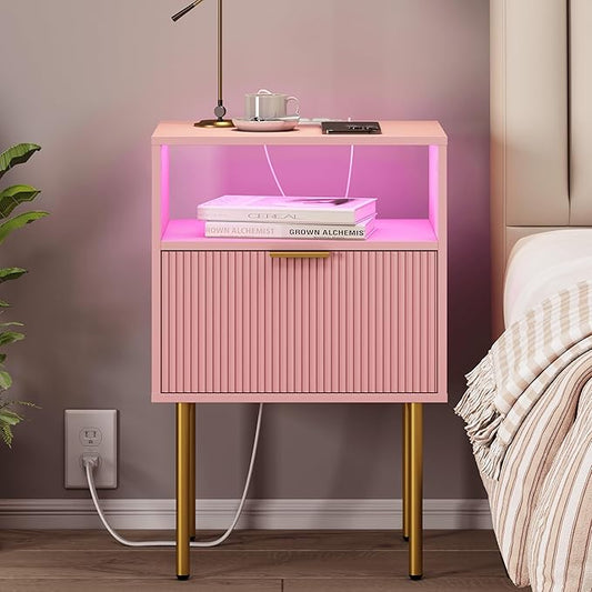 JOONEE Modern Nightstand with Charging Station and LED Lights, White Bedside Table with Drawer, Fluted Side Table for Living Room, Bedroom
