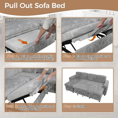 Modular Sectional Sleeper Sofa with Pull Out Bed, Plush Corduroy U Shaped Couch with Storage Chaise, USB Ports, Cup Holders, Comfy Cloud Couches for Living Room, Grey