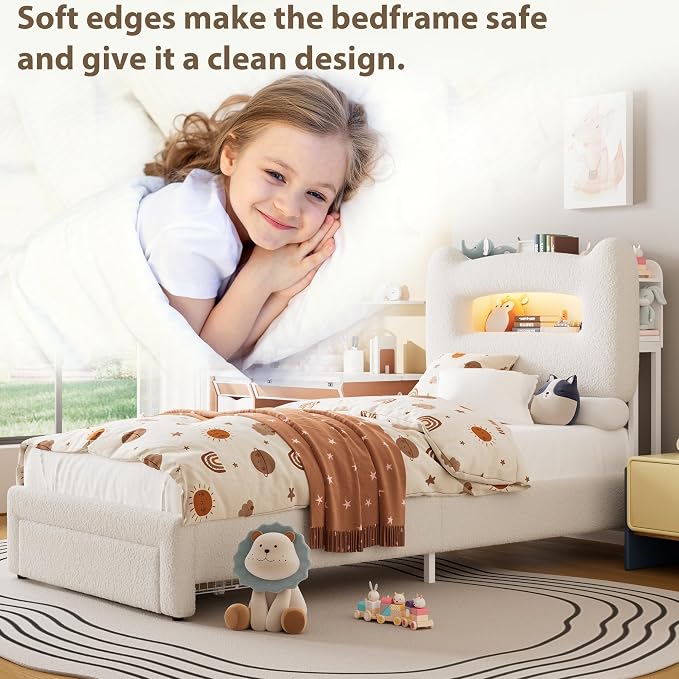 GarveeHome LED Full Bed Frame with 2-Tier Storage Headboard, Upholstered Platform Bed with Charging Station and Drawer, Metal Support, No Box Spring Needed, Beige